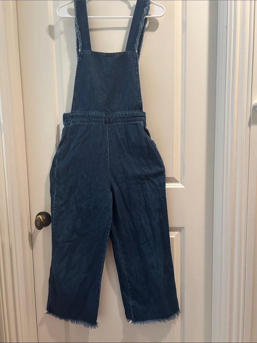 Zara wide leg ankle PullOn Overalls frayed trim/elastic waist w/pockets size S